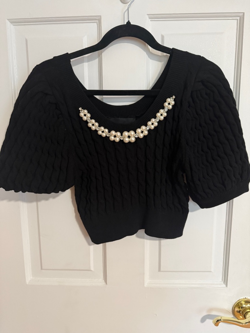 Simone Rocha Black Pearl-Embellished Puff Sleeve Sweater Top